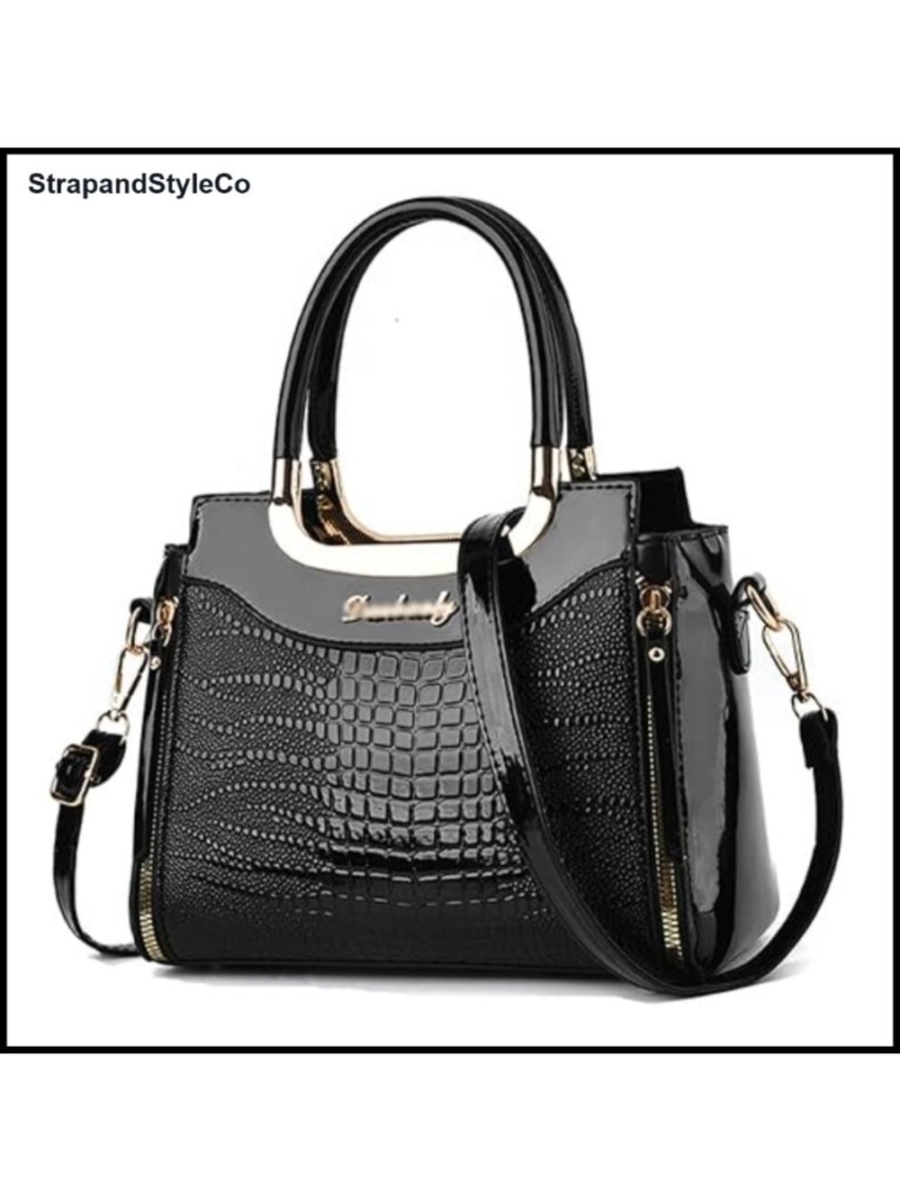 PU Patent Leather Crocodile Satchel Tote Crossbody Bag